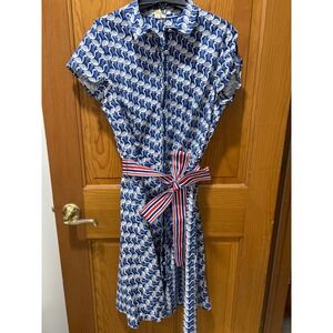 Boden Flamingo Print Shirt Dress Red White Blue Tie Waist Midi